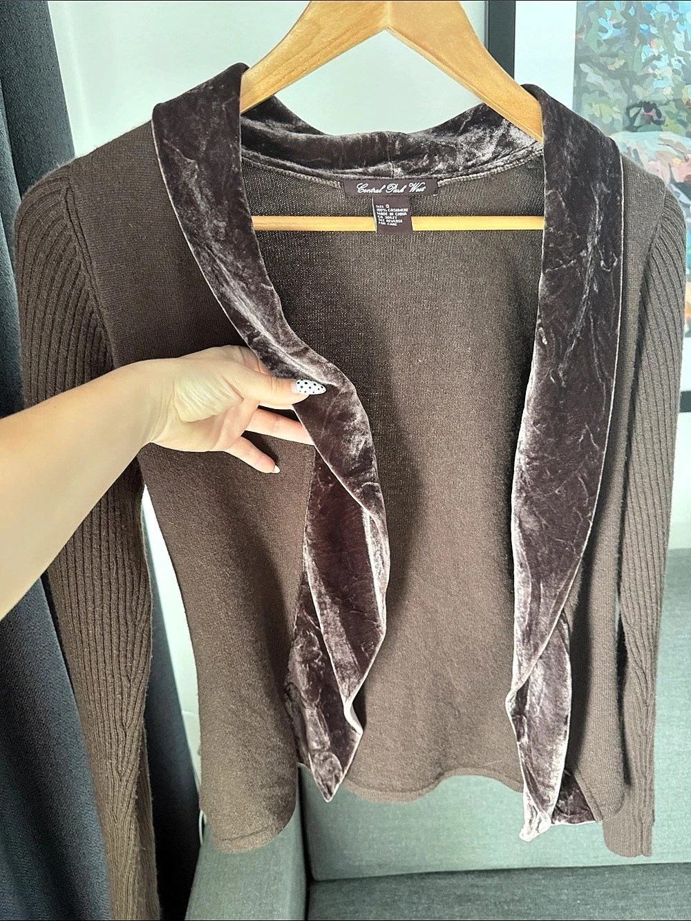 Cashmere Central Park West Brown Velvet Trim Cardigan